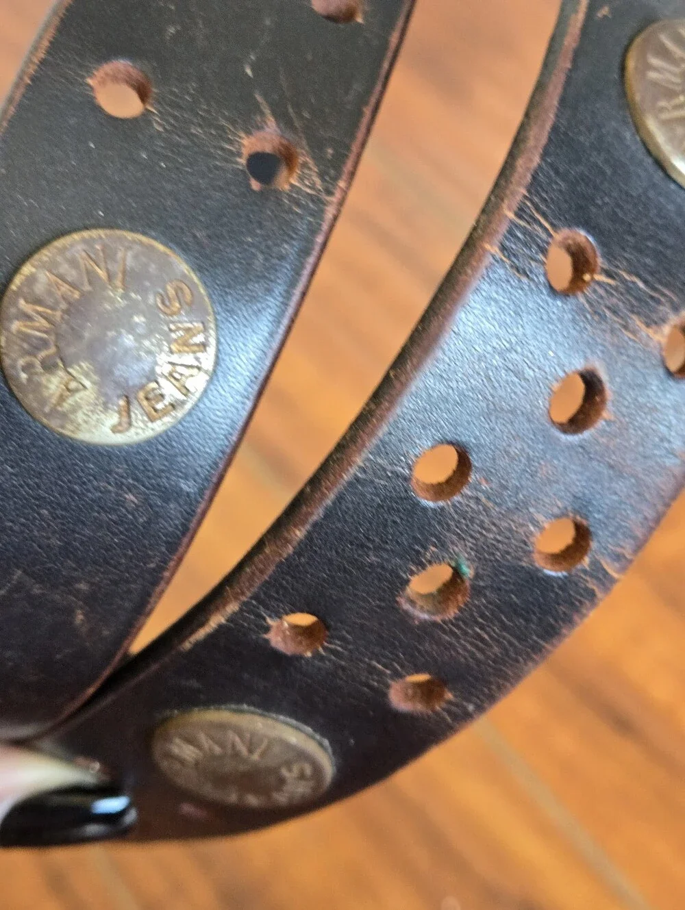 Vintage Armani Distressed Brown Leather Belt Western Grunge Metal Stud Accents